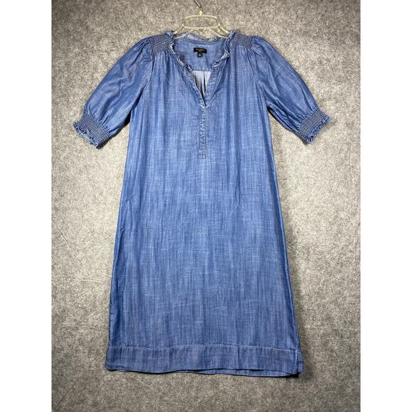 Talbots Dress Womens Petite Small Blue Puff Sleeve Smocked Midi Cottage Prairie - Picture 1 of 10